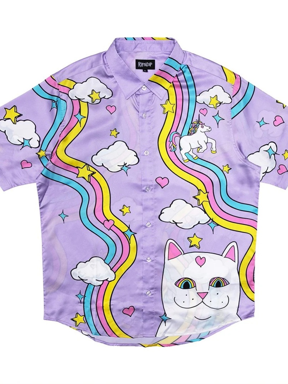 Ripndip Lavender Button-Down Shirt with Rainbow, White Cat & Cloud Graphics
